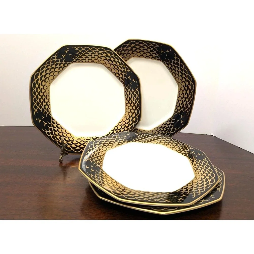 Mikasa Aegean Gold A7212 Bone China Luncheon Plates Set of 4 Black Gold Japan